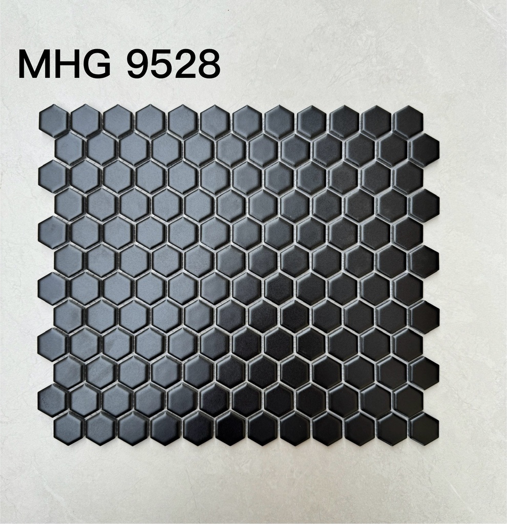 Gạch Mosaic lục giác đen mờ chip KT 23x26mm mã MHG9528