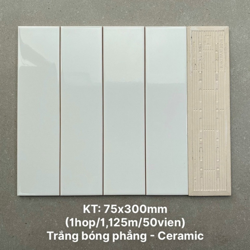 Gạch thẻ cao cấp trắng bóng phẳng KT 75x300mm PSTA75300 (1h/1.125m/50v)