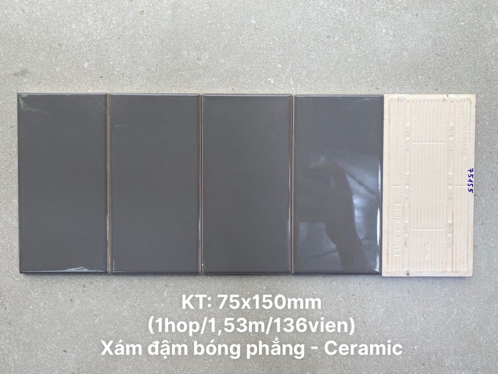 Gạch thẻ cao cấp xám bóng phẳng KT 75x150mm PSTA75155