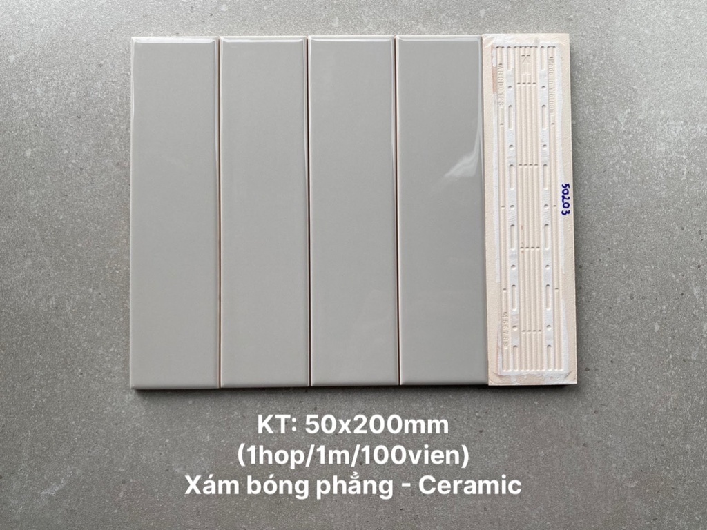Gạch thẻ cao cấp xám ấm bóng phẳng KT 50x200mm mã PSTA50203 (1h/1m/100v)