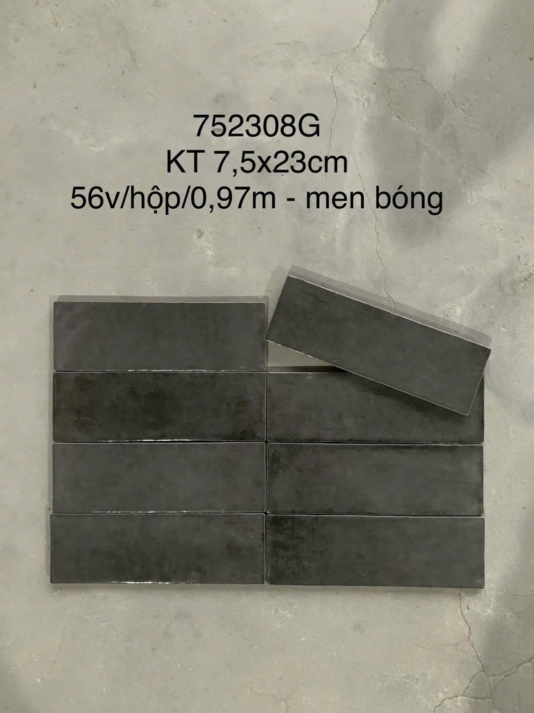 Gạch thẻ đen men bóng KT 75x230mm (1h/0.97m/56v/17.5kg) mã LAN752308G