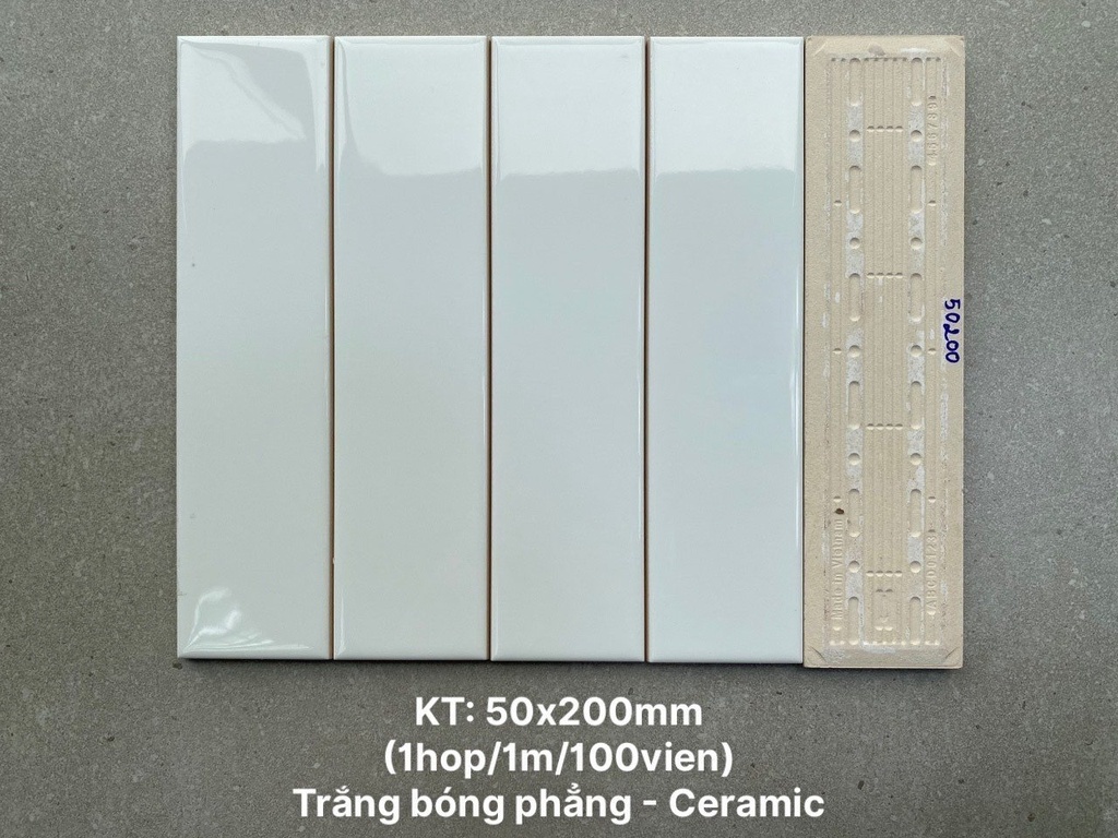 Gạch thẻ Việt Nam, Trắng bóng phẳng, KT 100x200 mm, STA1200, Loại 1 (1 hộp/ 50 viên/ 1m2)