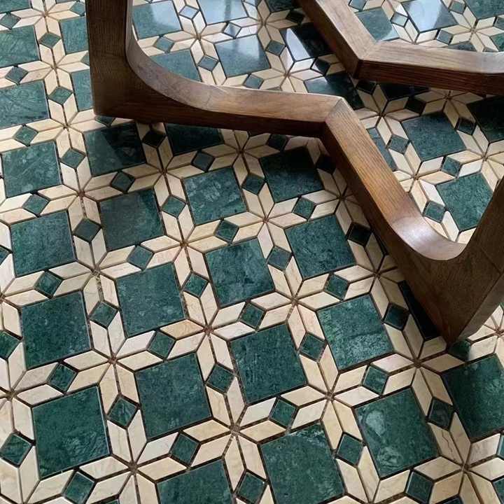 Gạch Mosaic đá cẩm thạch tự nhiên màu xanh đậm pha be dùng cho nhà bếp và phòng tắm