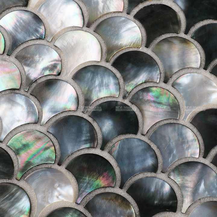 Gạch khảm vỏ sò vân cá, màu đen óng ánh 25mm, sỉ Trung Quốc