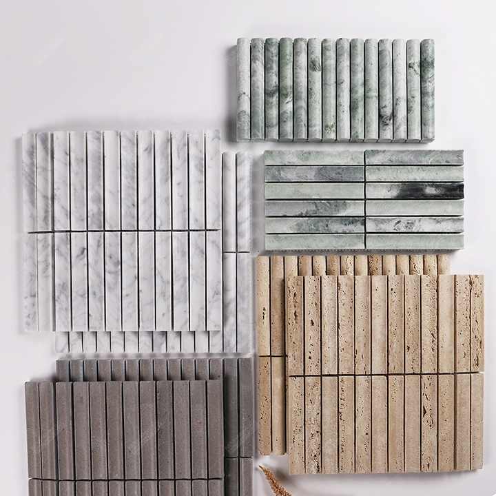 Ốp tường nhà bếp, nhà tắm, quầy bar khách sạn kiểu vân tay mờ 3D cong lõm đá cẩm thạch mosaic