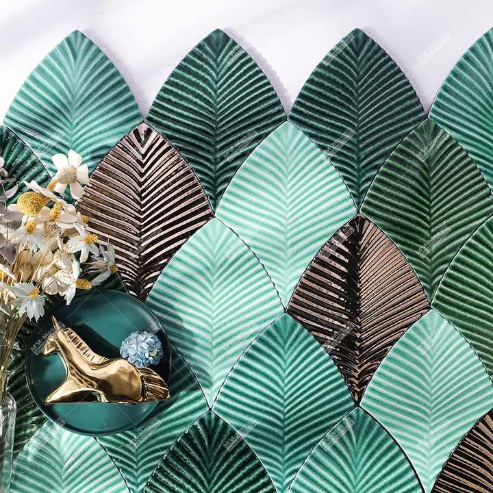 Gạch khảm gốm xanh lá cây hình lá lông vũ 3D thủ công, men nứt