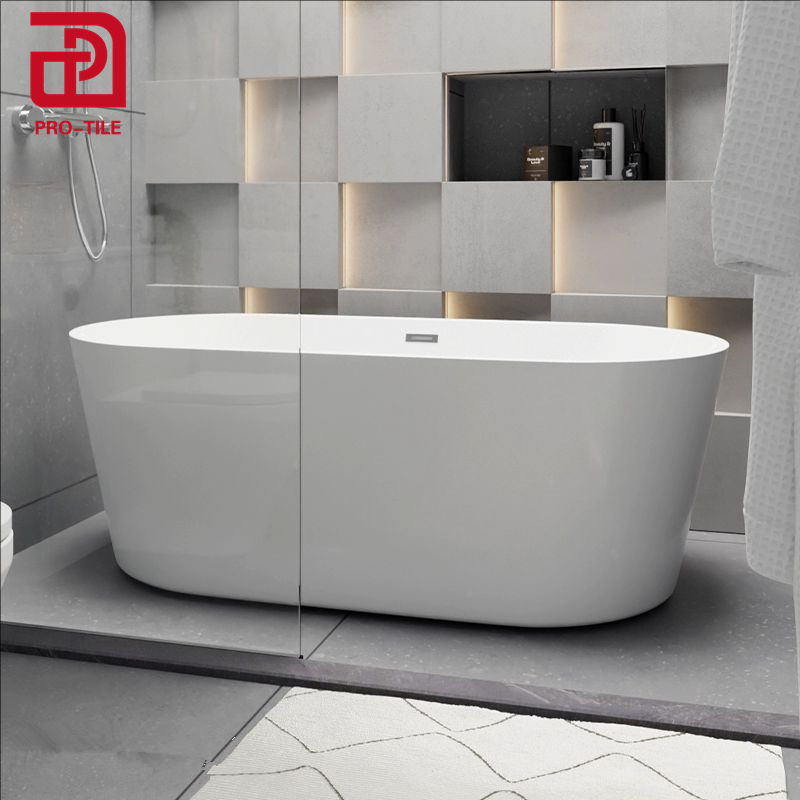 Bồn tắm tự do acrylic mặt bóng trung tâm xả nước trắng