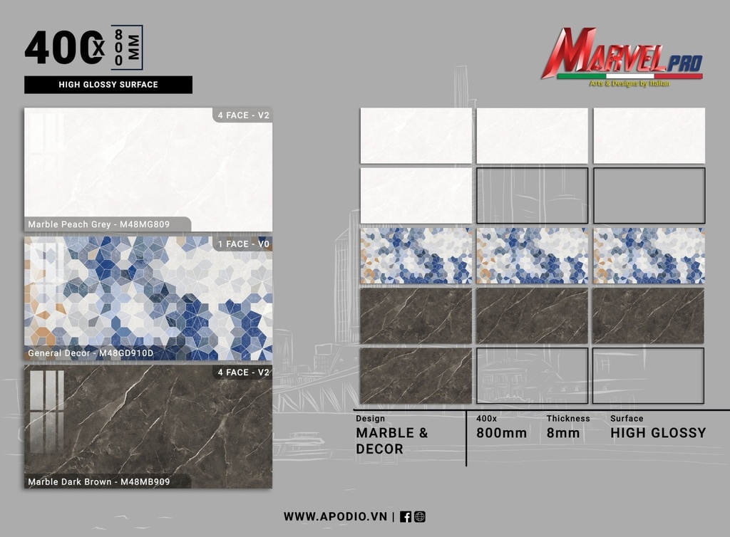 Gạch ốp lát  Apodio M48MG809 - M48GD910D - M48MB909 (Bóng vi tinh)