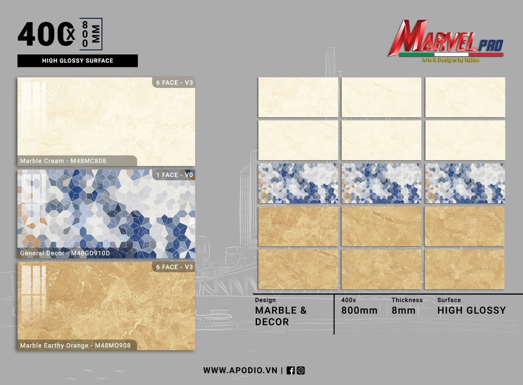 Gạch ốp lát  Apodio M48MC808 - M48GD910D - M48MO908 (Bóng vi tinh)