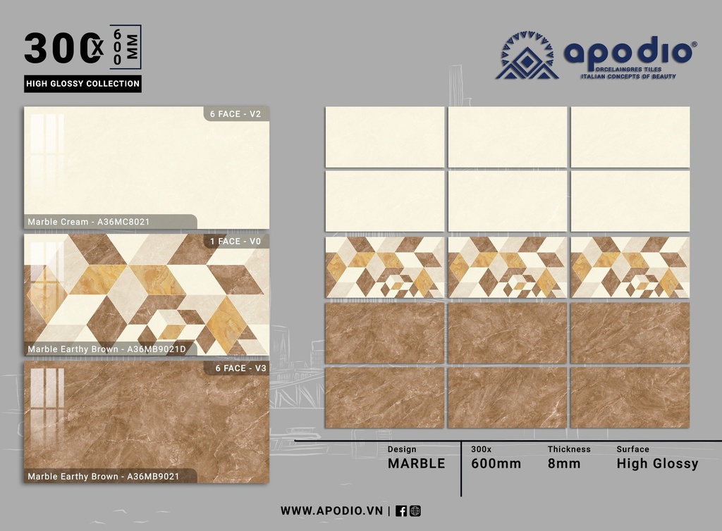 Gạch ốp lát Apodio 30x60 A36MC8021 MB9021D MB9021 (Bóng vi tinh)