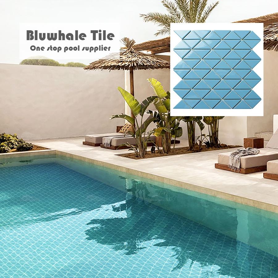 Gạch khảm tam giác men xanh lò nung bề mặt không đều họa tiết tùy chỉnh Phật Sơn dùng cho bể bơi