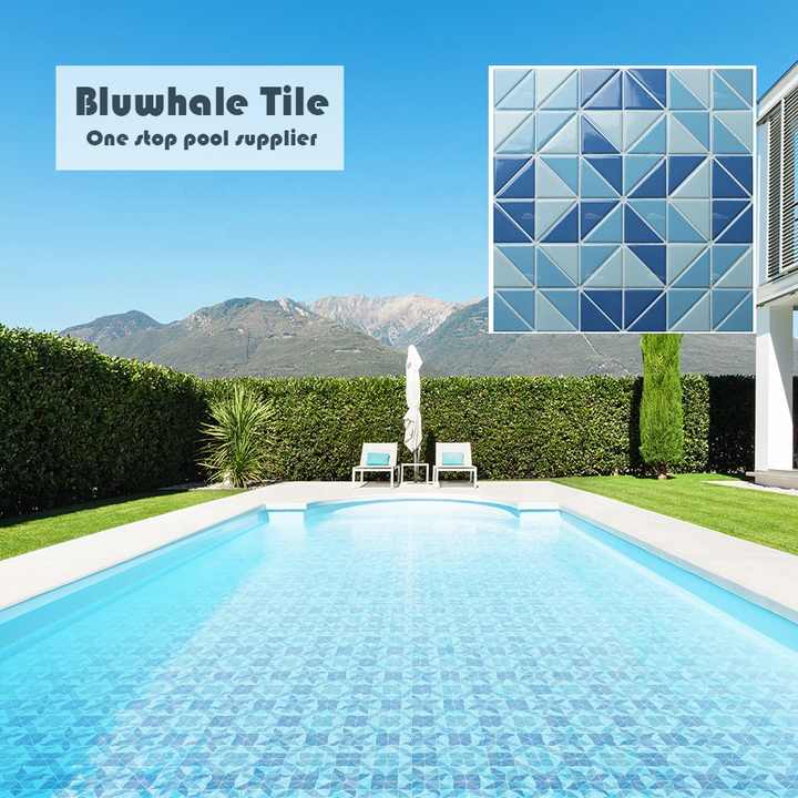 Gạch hồ bơi men sứ màu xanh lam giá rẻ, mẫu tùy chỉnh, gạch lát tường mOSAIC hình tam giác