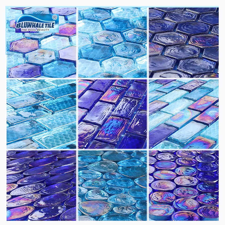 Gạch MOSAIC Bể Bơi Pha Lê Óng Ánh Màu Xanh Dương Sóng Ánh Sáng